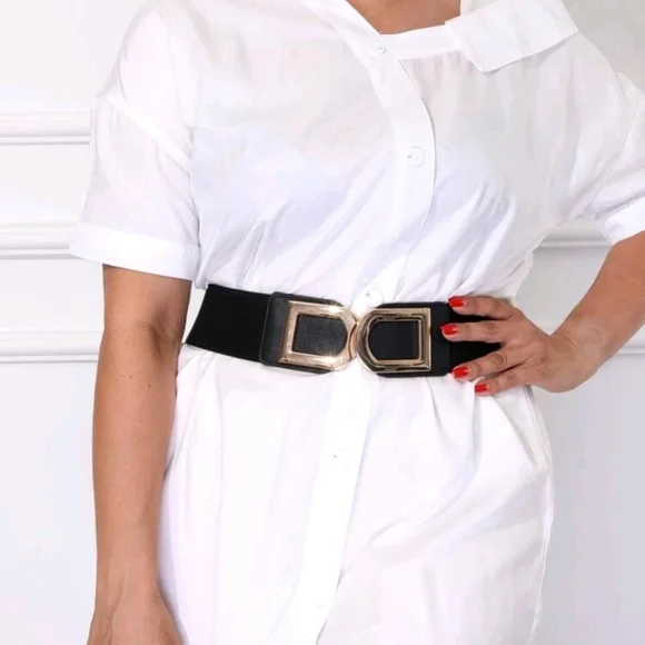 Womens plus size Black elastic gold buckle corset wide boho cinch waist belt - Picture 5 of 13